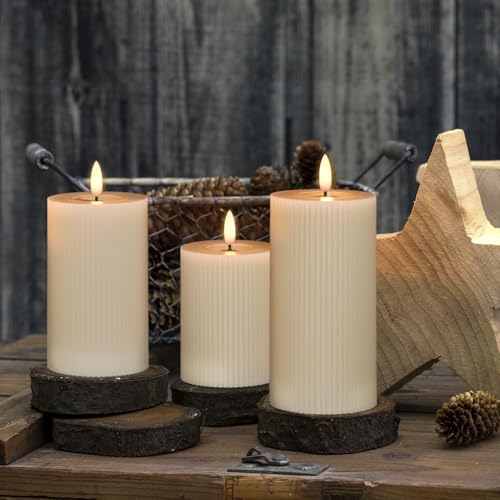 Image of Eldnacele Vertical Stripe Pillar Flameless Candles with 6 Hours Timer, Battery Operated 3D Wick Flickering Warm Lights Real Wax Gray LED Candles Dinner Indoor Holiday Christmas Decor(3Pcs,3 inchx5 inch /6 inch /7 inch)