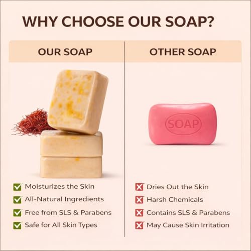 Image of Amazon Brand - Magic Soap Sandal Wood And Saffron Bath Soap - Natural & Paraben-Free, Bathing Soap Bar for Glowing, Brightening & Refreshing Skin | Deep Cleans Pores & Removes Dirt - 300 g (Pack of 3)