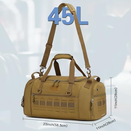TONRUYN Tactical Gym Bag for Men 45L Military Sport Duffle Bag with Shoe & Laptop Compartment Travel Duffel Bag for Women Weekender Overnight Bags for Fitness Workout Basketball Football, Brown - 5