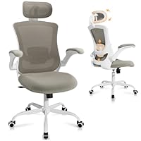 COLAMY Ergonomic Office Chair with Adjustable Lumbar Support & Headrest, High Back Mesh Desk Chair with Flip-Up Armrests, Breathable & Comfortable Computer Chair for Home, Office & Study –Khaki