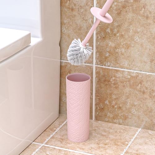 Image of Topsky 2 Pack Compact Toilet Brush & Holder Set, Plastic Round Barrel Loo Brush with 2 Replacement Toilet Brush Head, Durable for Bathroom Toilet, Pink