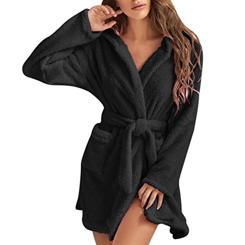 Vertvie Damen Plüsch Bademäntel mit Kapuze Kimono Fleece Flanell kurz Nachtwäsche Sanft Sherpa-Fleece Morgenmantel Sleepwear Weich Saunamantel mit 2 Taschen, Gürtel (Schwarz, M) Cover