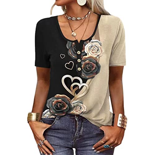 Floral Tops For Women 2023 Button Down Ethnic Print Casual Short Sleeve Shirts Blouse Plus Size Square Neck Beach Top Khaki #TOP1