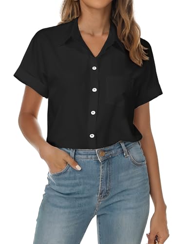 Womens Short Sleeve Button Down Shirts, V Neck Collared Causal Shirt Tops with Pocket, Summer Blouse Solid Loose Tops3
