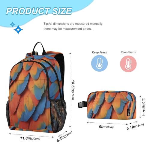 Travel Backpack Lunch Bag Set for Hiking Picnic, Backpacks with Insulated Lunch Box Colorful Feather Print2