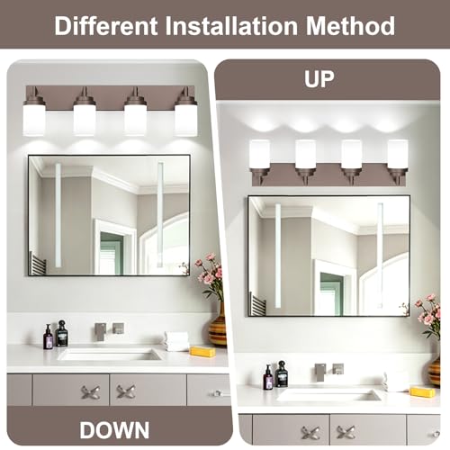 Image of Bathroom Light Fixtures, Oil Rubbed Bronze Bathroom Lighting Fixtures Over Mirror, Modern Vanity Light with White Glass Shade, Restroom Lighting Fixtures, 4-Light 30-inch