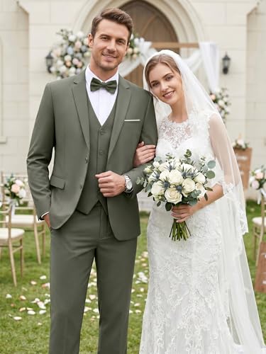 Image of WEEN CHARM Men's 3-Piece Slim Fit Suit Set-2-Button Blazer,Vest & Pants-Formal Wedding,Prom,Party & Business Tuxedo