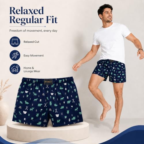 Image of Men's Ultralight Cotton Printed Boxer Shorts | Regular Fit | Soft Cotton Fabric with Microfibre Waistband for All-Day Comfort (Blue-Navy Blue-2XL)