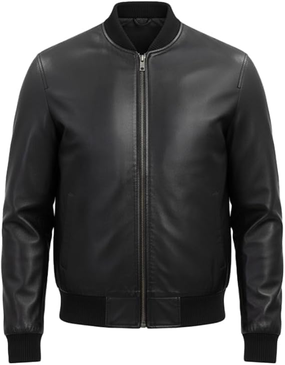 Men's Varsity Style Leather Bomber Jacket With Rib Collar Black Jacket-picture-22