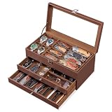 Emfogo Leather Knife Display Case with Watch Storage, Pocket Knife Display Case with Glass Top...