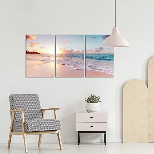 Derkymo 3 Pieces Pink Beach Canvas Wall Art Coastal Sunset Landscape Pictures Print Modern Seascape Artwork For Home Decoration Stretched And Framed Ready To Hang (16Wx24Lx3Pcs) #TOP1