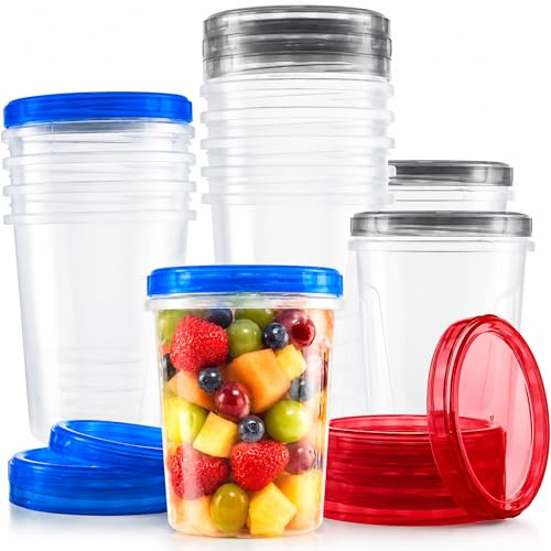 Tafura 15 Pack Leakproof Freezer Containers for Food with Twist Top Lids - 32 Oz BPA Free - Black/Blue/Red Lids