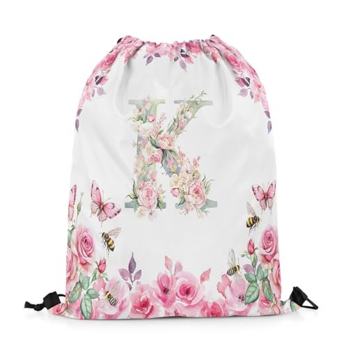 Erosebridal Initial A-Z Drawstring Backpack,13 x 15.7 inch Initial Letter K Drawstring Bag,Floral Monogrammed Draw String Back Bag,Romantic Rose Alphabet String Backpack for Sport Gym Swim3