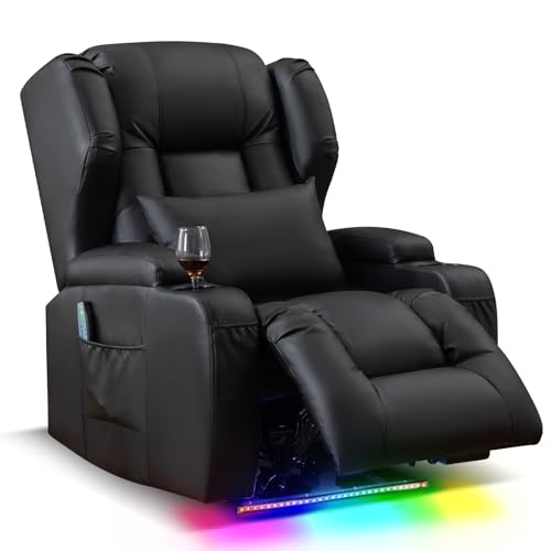 Image of Oprisen Wall Hugger Power Recliner Chair, Overstuffed Home Theater Seating w /Heat Massage Electric Movie Gaming Sofa Reclining Sleeper Chair with LED Light /Lumbar Pillow /Cup Holders