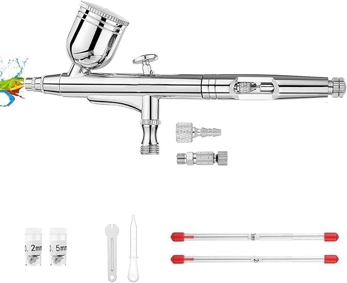 Airbrush Kit 0.3 mm Airbrush Gun Dual-Action Gravity Feed Kit 1/2 & 1/4 OZ Fluid Cup 0.2 mm & 0.5 mm Nozzles Needles Air Caps for Nail Art Painting Makeup Cake