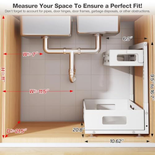 Image of 2 Pack 21IN-Depth Under Sink Organizer,Pull Out Cabinet Organizer With Smooth Cylindrical Rail,Metal Slide Out Drawer for Kitchen Bathroom Laundry,8-Level Tool Free Height Adjustable-White
