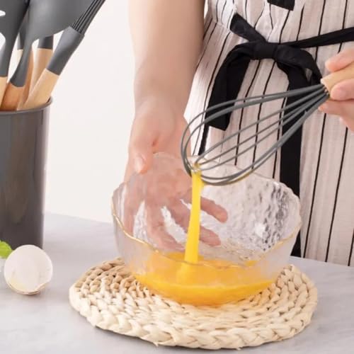 Kit Premium De 12 Utensílios De Cozinha Em Silicone E Cabo De Madeira Concha Escumadeira Colher De A