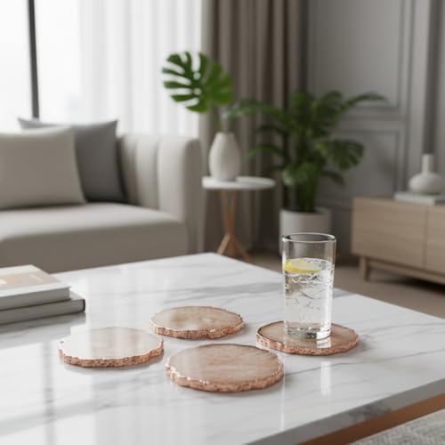 Image of Natural Agate Stone Tea Coasters Set | Premium Stone Coasters for Tea, Coffee & Glass | Heat Resistant Coasters for Dining Table, Office Desk & Home Decor | Pack of 4 | Color -Brown