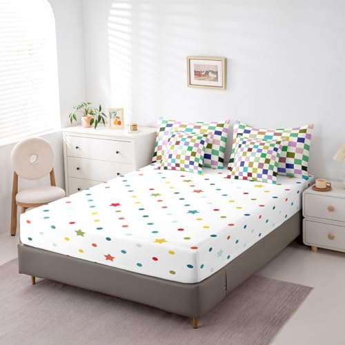 Image of Feelyou Colorful Checkered 7 Piece Bedding Set Teen Retro Modern Geometric Colorful Comforter Set with Sheets Queen Size Kids Boys Cute Neutral Plaid Bed in a Bag Vintage Aesthetic Room Decor