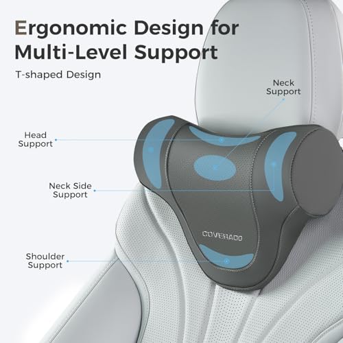 Image of Coverado Car Headrest Pillow, Ergonomic Memory Foam Car Neck Pillow for Driving Seat with Adjustable Strap, Soft PU Leather Breathable Removable Cover Neck Support for Neck Pain Relief