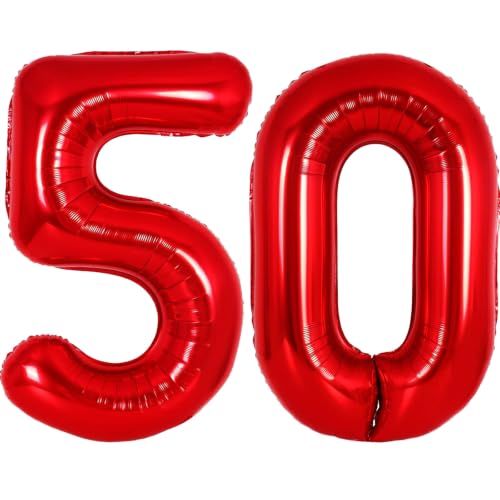 Image of Number Balloons Red Party Balloon - 40 Inch Large Number 50 Balloon, Numbers Balloon Birthday Decorations, Red Party Supplies for Anniversary