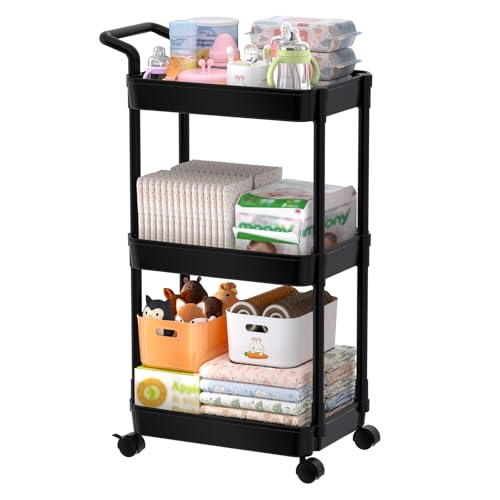 Image of Volnamal Diaper Caddy - Plastic Diaper Organizer for Nursery Essentials, Baby Organizers and Storage, Movable Cart for Changing Table & Crib, Baby Registry Search, Black