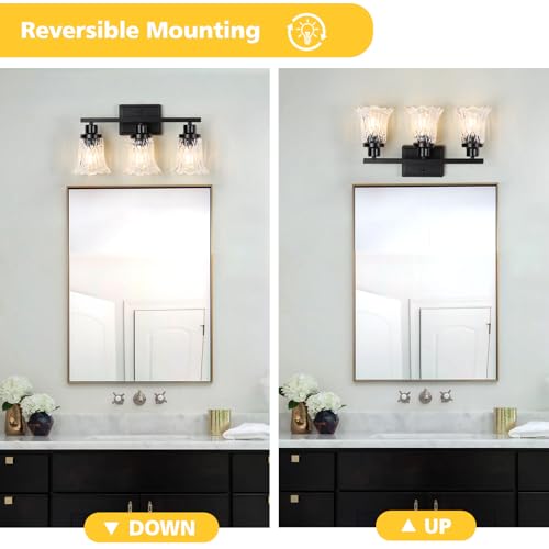 Image of JOPESO Bathroom Light Fixtures,Matte Black 3-Light Bathroom Lights Over Mirror with Glass Shade,Bathroom Wall Sconce Lamp for Mirror Living Room Bedroom Hallway (Black, 3-Light)