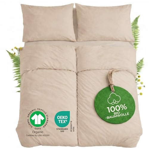 Dreamzie Bettwäsche 135x200 100% Baumwolle 4teilig mit 2 Kissenbezüge 80x80 cm - Bio-Baumwolle Percale 180 TC - Atmungsaktiv & Weich, Oeko-Tex & GOTS Zertifiziert, Beige