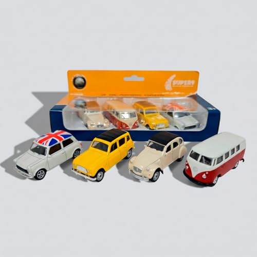 Genérico Set de 4 Coches Clásicos en Miniatura, Mini Cooper 1300, Citroën 2CV, Renault 4L y Volkswagen T1 Bus, Colección Vintage