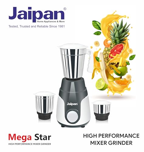 Image of Jaipan Mega Star 550 Watts Mixer Grinder for Kitchen | 3 Stainless Steel Jars for Liquidizing, Wet Grinding & Chutney | 3 Speed with Pulse | Leak-Proof Design | 1 Year Warranty | Blue