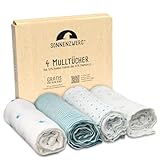 Sonnenzwerg Spucktücher Baby 4er Pack Mulltücher 80x80cm, saugstarke weiche Mullwindeln aus Bambus-Viskose & Baumwolle Oeko-Tex + inkl. Schnullerkette