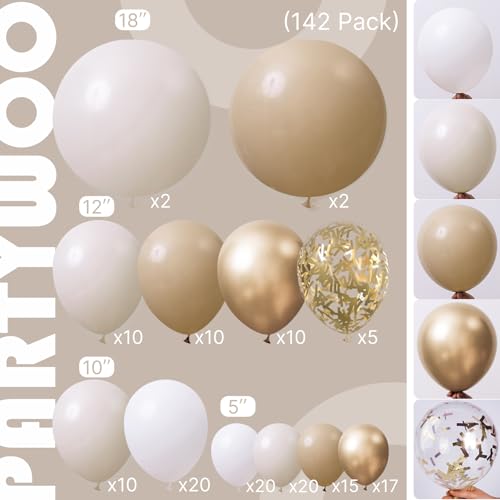Image of PartyWoo Neutral Balloon Arch Kit Garland 142pcs Different Sizes of 18 12 10 5 Inch Off White Sand Cream Ivory Gold Confetti Boho Balloons for Bridal Baby Shower Engagement Birthday Party Decorations
