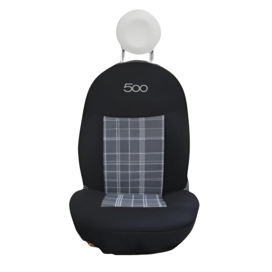 Italfodere - Coppia Coprisedili Anteriori Compatibili con Fiat 500 Dal 2007 in poi - Cotone Accoppiato - Fatti a Mano - Eleganti e Resistenti - Accessori Auto Interno - Scozia Nero - Made in Italy