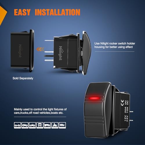 Image of Nilight Marine Rocker Switch LED Light Bar 3 PIN with Red Backlit | Toggle Switches On Off SPST 20A /12V 10A /24V with Jumper Wires Set for Cars Trucks Boat ATVs UTVs RVs