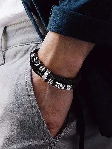 Bandmax Mens Black Double Wax Rope Cuff Bracelets Waterproof Stainless Steel Norse Style Celtic Knot Beads Bracelet Wristband Gift for Men3