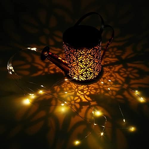 Solar Watering Can Light, Large Watering Can Solar Lights Garden Ornaments, Outdoor Waterproof Waterfall String Lights Retro Metal Garden Fairy Lights with Bracket for Pathway Patio Yard
