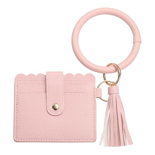 SUIKIHUM Card Holder Wallet with Keychain Wristlet, Slim PU Leather Wallet for Women, Compact and Lightweight Design for Daily Use, Pink
