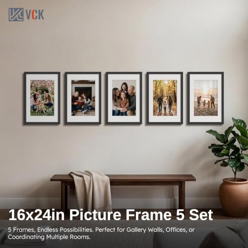 Image of VCK 16x24 Picture Frame 5 Pack, Black Wood, 12x18 Mat, for Gallery Wall