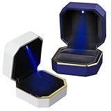 Joyero LED - Caja cuadrada portátil de plástico resistente, compacto, organizador de almacenamiento de exhibición de anillo, elegante caja de regalo, diseño terminado, iluminación interior suave | R