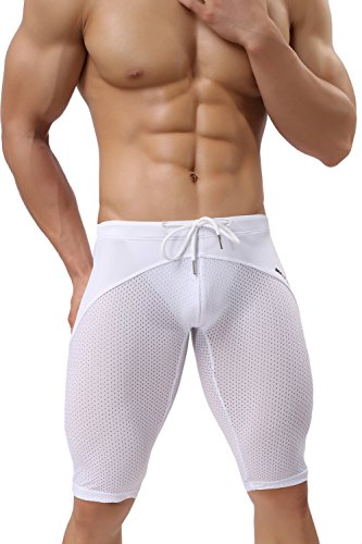 Sandbank Men's Compression Sports Tight Shorts Mesh Workout Swim Gym Short Pants(White, Waistline:32”-34” Us M) #TOP3