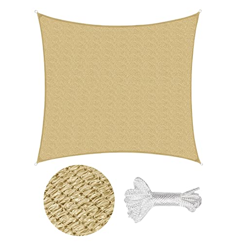 Sekey Voile d'ombrage Carrée 4x4m HDPE Perméable Une Protection des Rayons UV, Résistant et Respirant pour Patio Jardin Terrasse, avec Corde, Sable