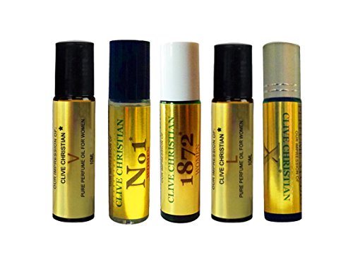 5 Piece 10ml Roll On Set of Clive IMPRESSION Perfume Oils for Women. Our VERSION Compatible with: No.1, X, 1872, L, V. Premium Fragrance Compatible to CC, 100% Pure, No Alcohol