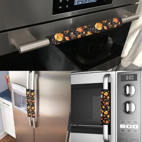 Image of Pumpkin Refrigerator Door Handle Covers Maple Leaf Fridge Handle Covers Washable Handmade Decor Protector for Ovens Dishwashers, Thanksgiving Day Kitchen Decor