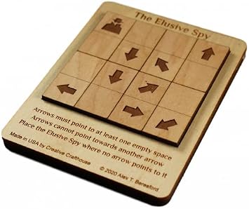 Creative Crafthouse The Elusive Spy Wood Logic Puzzle Brain Teaser | Point each of the 8 arrows at an empty space, never at the hidden agent or another arrow. Maple pieces, made in USA