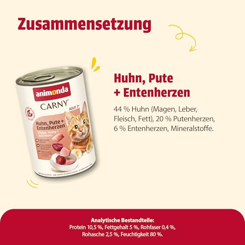 animonda Carny Katzen Nassfutter Huhn + Pute + Entenherzen (6 x 400g), getreidefreies Katzen Nassfutter ohne Zucker, mit frischen fleischigen Zutaten