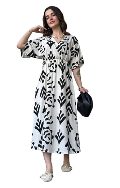 Image of Women's Summer Midi Dress - Floral Print V-Neck Casual Loose Fit Beach Dress with Short Sleeves and Elastic Waist 100% Cotton, Black and White