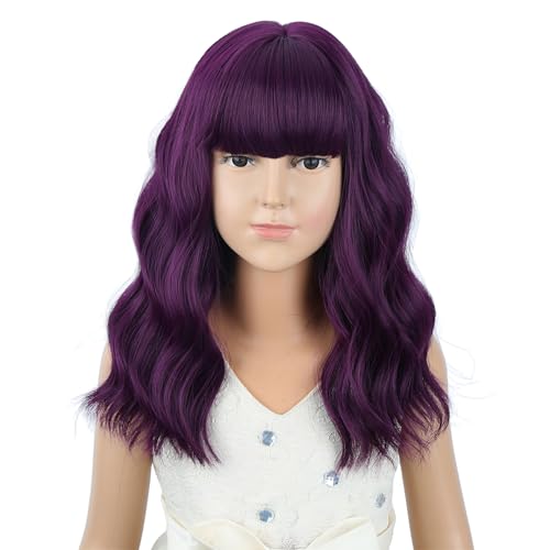 Image of Kids Purple Wig Girls Short Purple Wavy Curly Wigs Child Wig with Air Bangs Synthetic Cosplay Hair Wigs