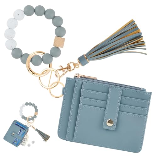 Image of KNGITRYI Wristlet Wallet for Women,RFID Keychain Wallet with Beaded Strap | 8 Card Slots,ID Window,Zipper Pocket,Leather Tassel,Compact Design