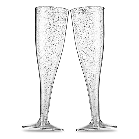 Munfix 50 Silver Glitter Plastic Champagne Flutes 5 Oz Clear Plastic Toasting Glasses Disposable Wedding Party Cocktail Cups Cover