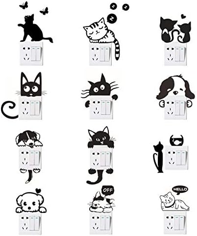 Wall Switch Stickers, Cat Dog Light Switch Stickers Funny Animal Wall Decals for Bedroom Living Room Black 12 Pcs